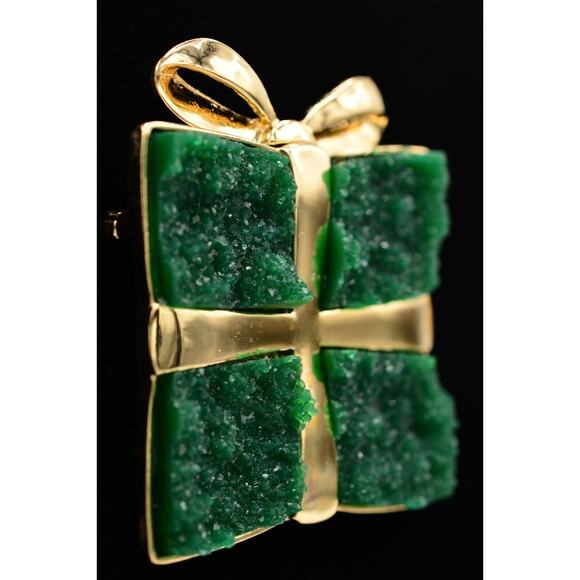 Vintage Christmas Present Pin Brooch Crystal Geode Gift Box Gold Green BinAQ - Picture 3 of 12